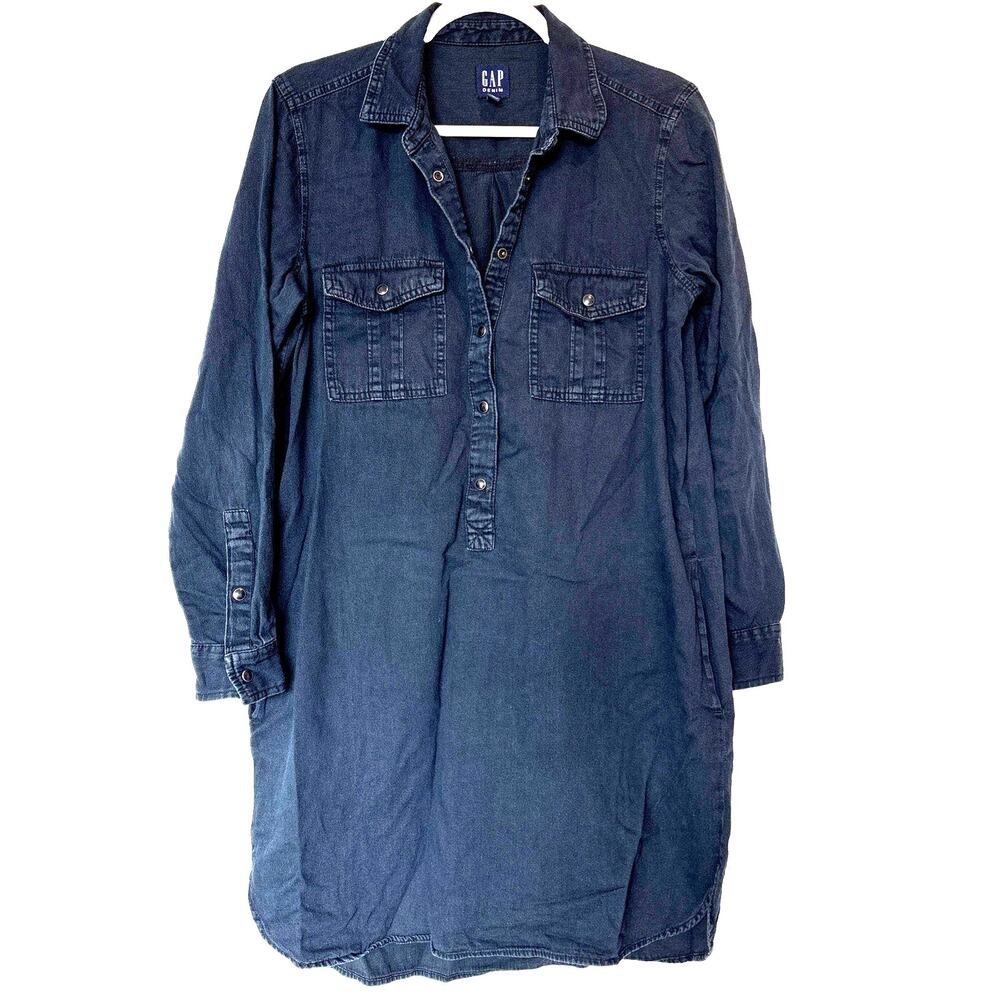 Gap Denim Womens black Long Sleeve Snap Front Shirt Dress Cotton Mini Pocket Med